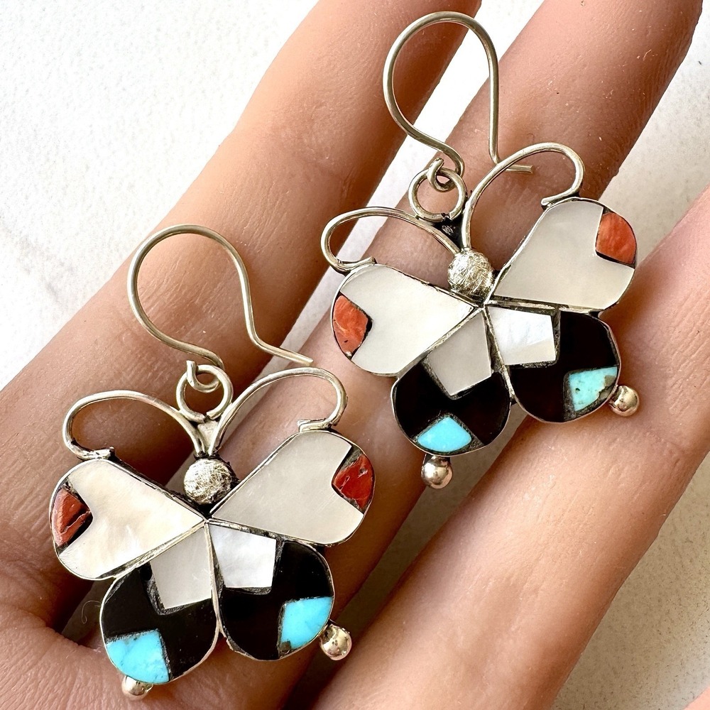 Zuni Butterfly Turquoise Earrings Multi Stone Inlay Signed Dishta Sterling Bug W